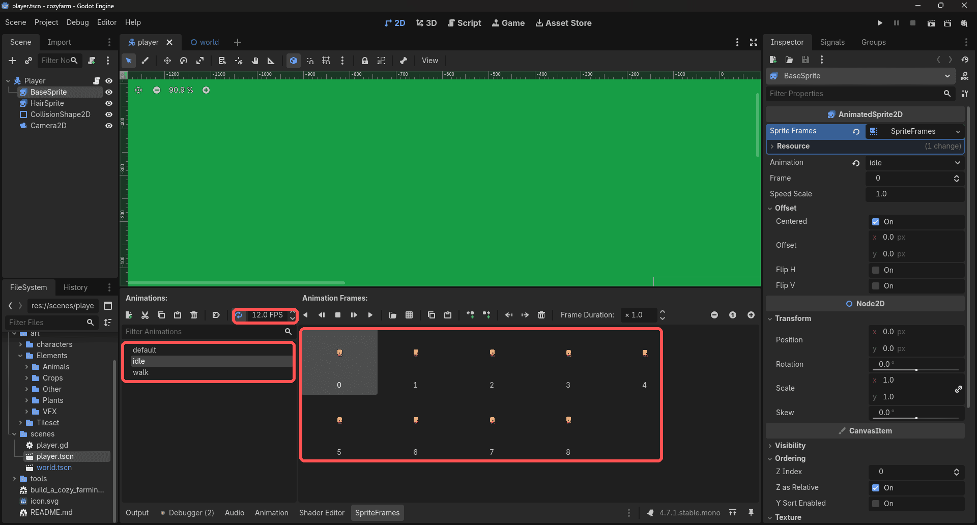 The SpriteFrames editor with idle and walk