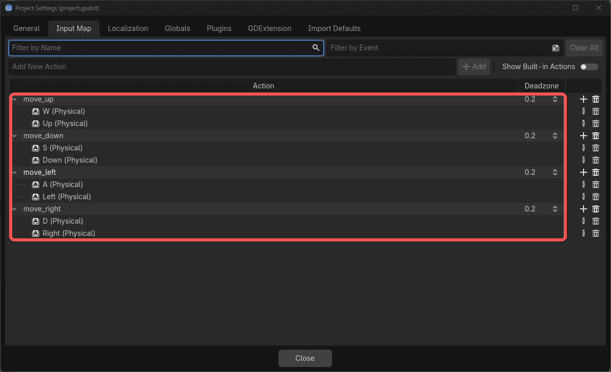 The four movement actions in the Input Map
