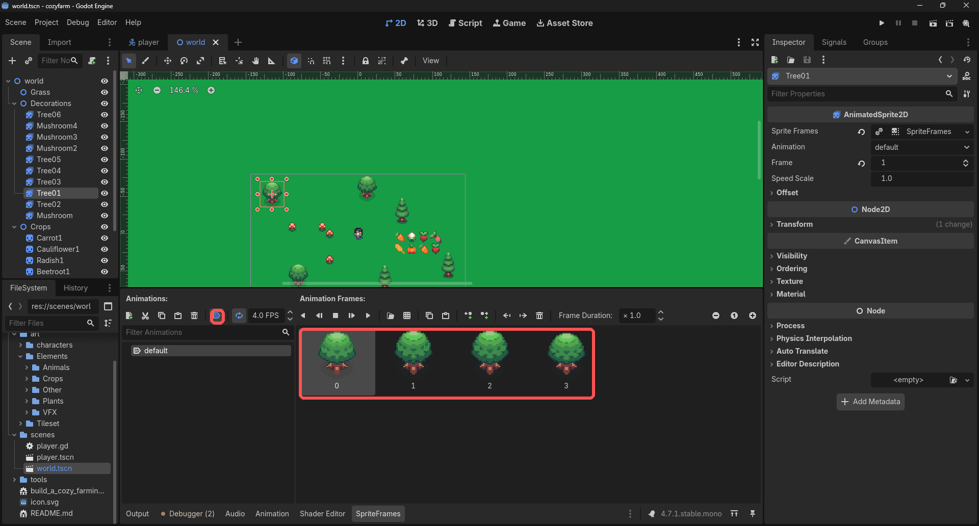 An animated tree's SpriteFrames