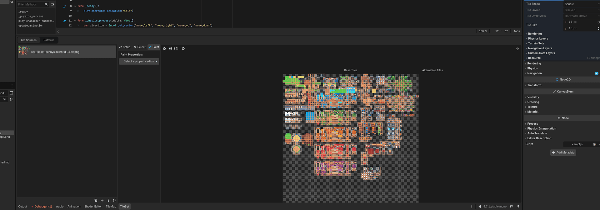 The TileSet panel with the atlas sliced